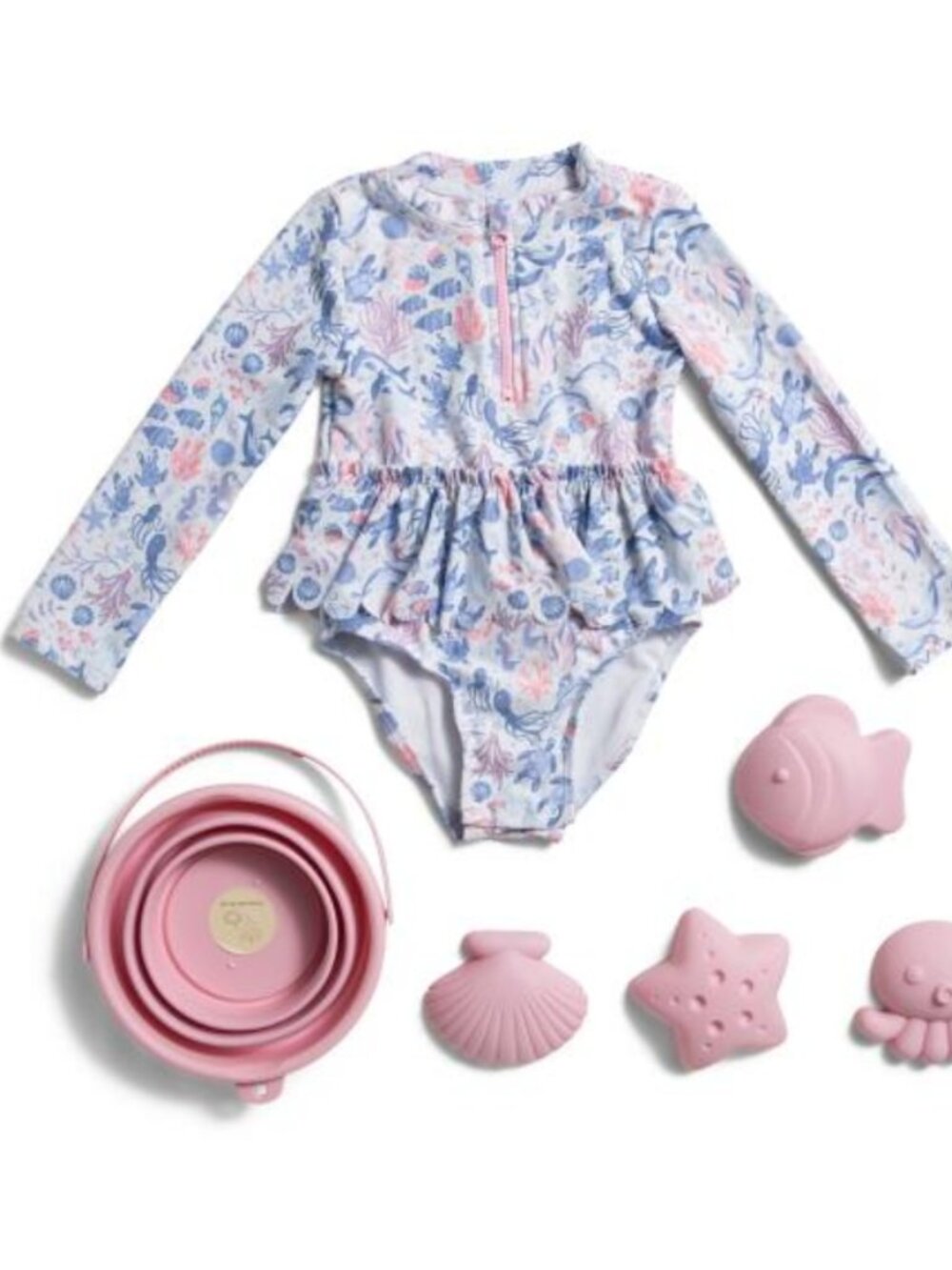 NWT CYNTHIA ROWLEY Girls Upf 50 Ruffle Rash Guard Swimsuit with Beach Playset